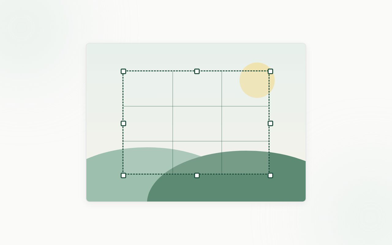 Illustration of a photo with a dashed crop frame, rule-of-thirds grid and drag handles